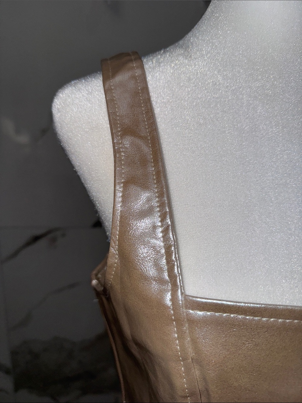 NWT Nasty Gal Metallic Taupe Faux Leather Square-Neck Mini Dress - Picture 5 of 11